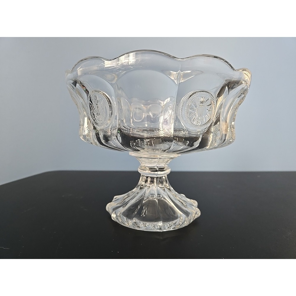 FOSTORIA COIN Glass 1887 Eagle LARGE  CRYSTAL OPEN PEDESTAL COMPOTE 8.5"x‎ 6.5"